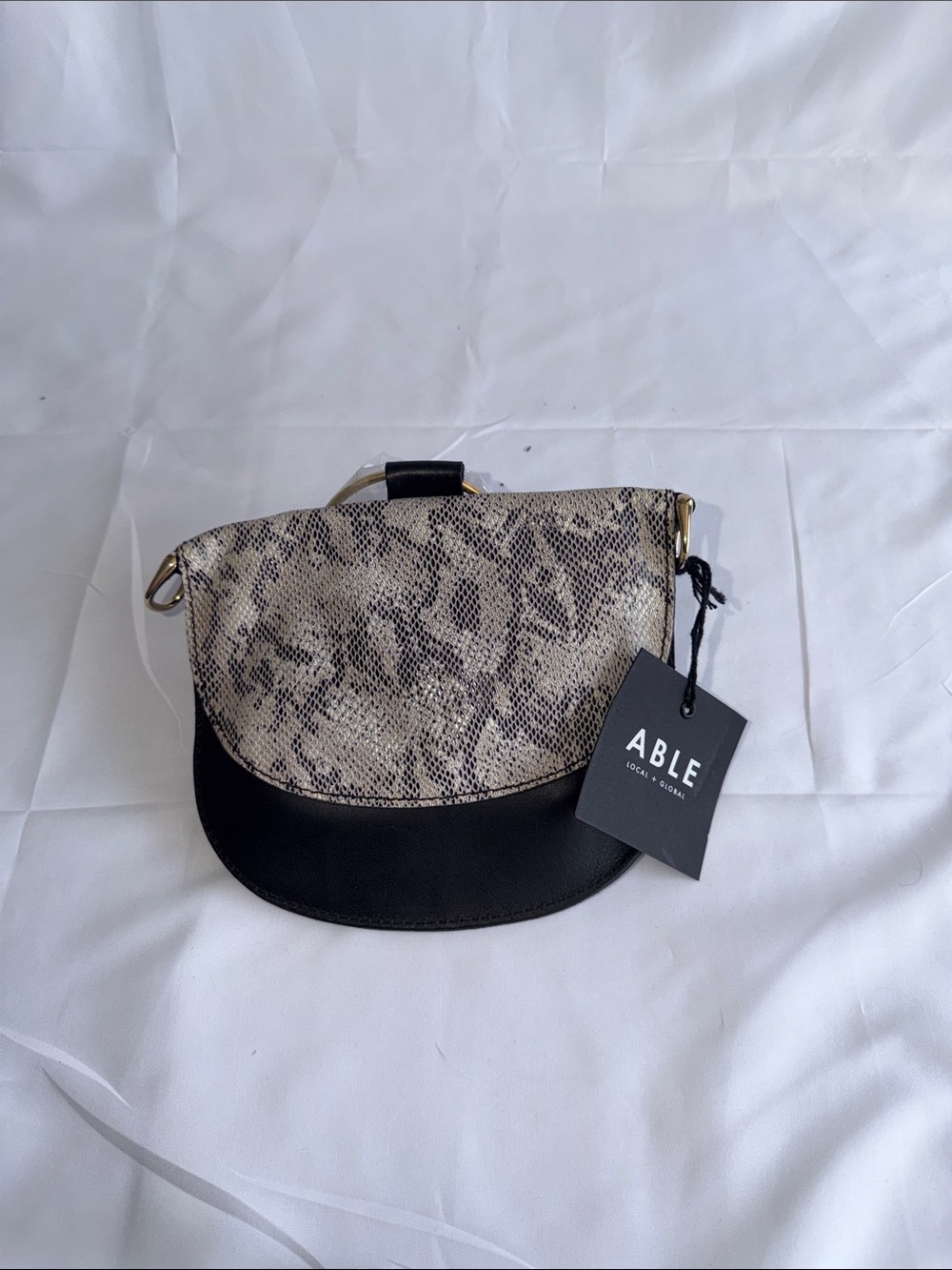 Able Two-Tone Snake Print Crossbody Bag in Black and Beige